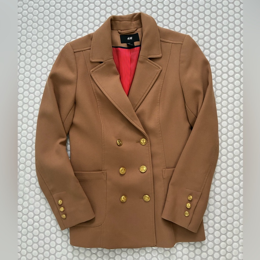 H&M Tan Double-Breasted Blazer with Gold Buttons